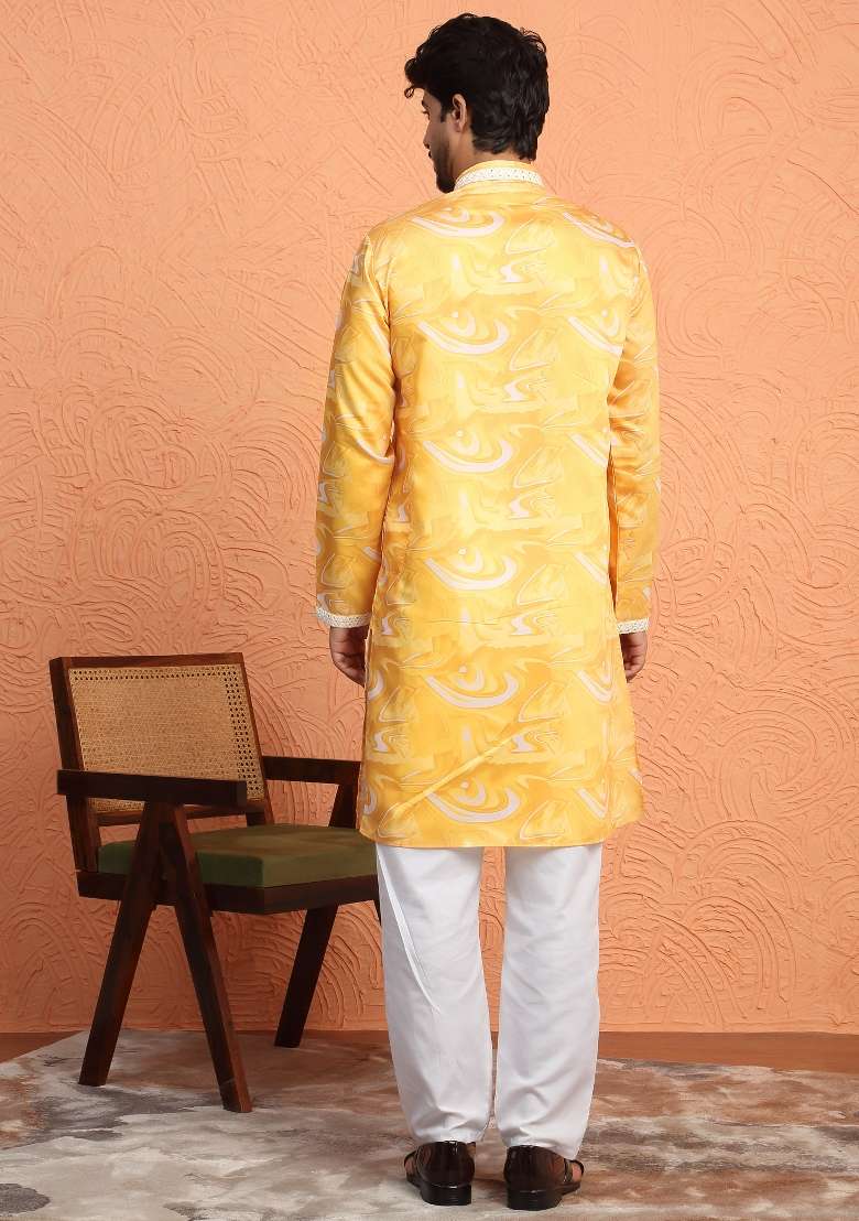 Yellow Printed Silk Blend Kurta Set For Men - Indya