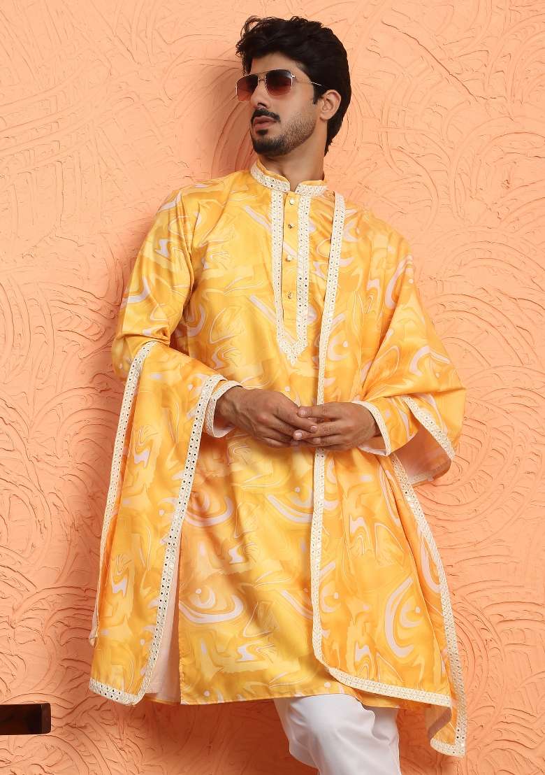 Yellow Printed Silk Blend Kurta Set For Men - Indya
