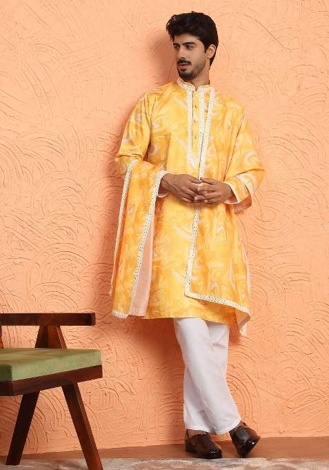 Yellow Printed Silk Blend Kurta Set For Men
