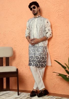 Grey Embroidered Silk Blend Kurta Set For Men