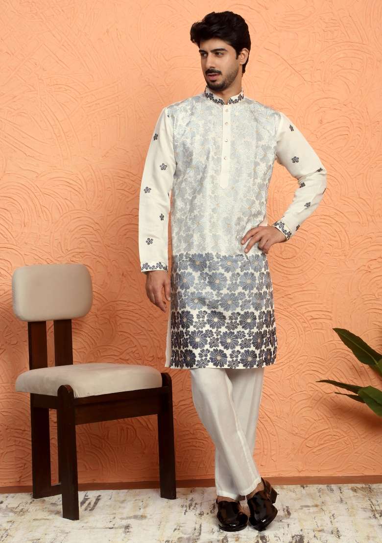 Grey Embroidered Silk Blend Kurta Set For Men - Indya