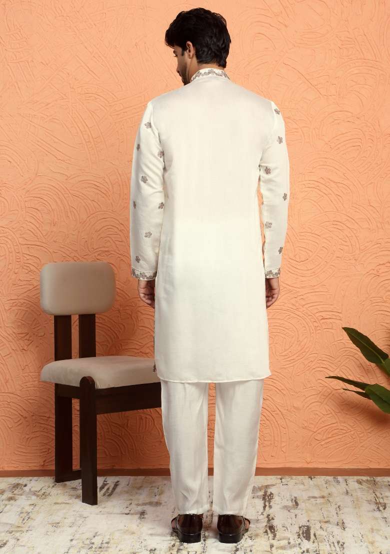 Beige Embroidered Silk Blend Kurta Set For Men - Indya