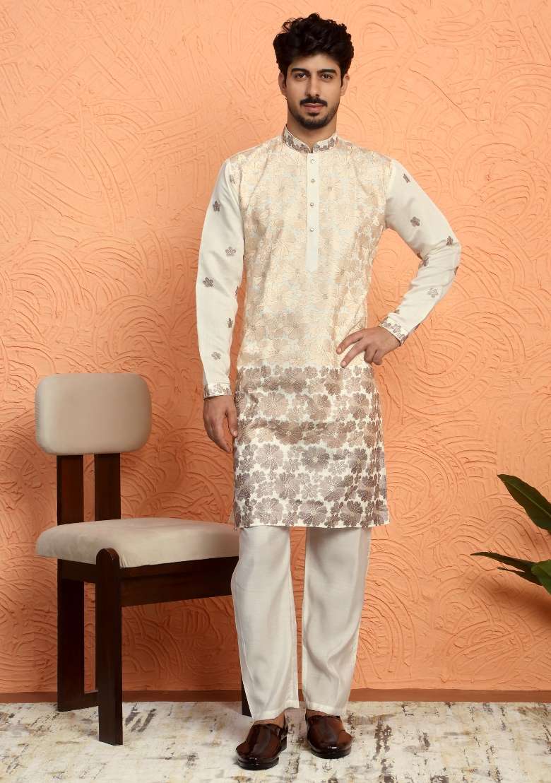 Beige Embroidered Silk Blend Kurta Set For Men - Indya