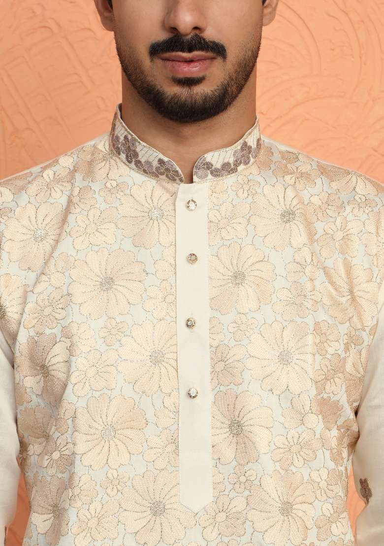 Beige Embroidered Silk Blend Kurta Set For Men - Indya