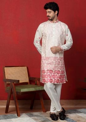 Pink Embroidered Silk Blend Kurta Set For Men