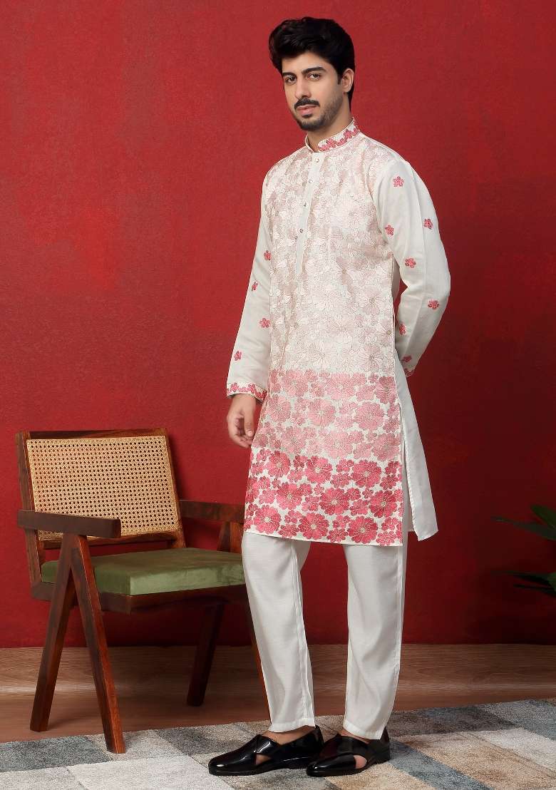 Pink Embroidered Silk Blend Kurta Set For Men - Indya