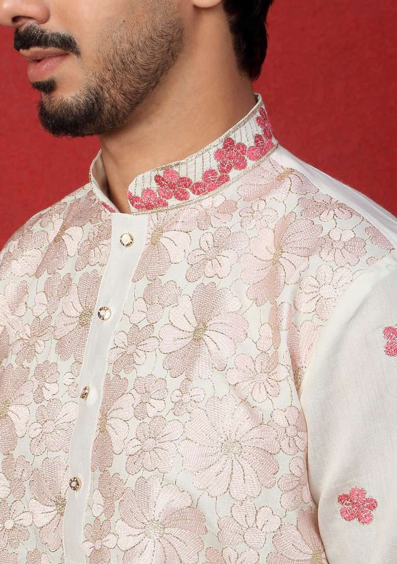 Pink Embroidered Silk Blend Kurta Set For Men - Indya