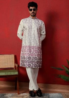 Purple Embroidered Silk Blend Kurta Set For Men
