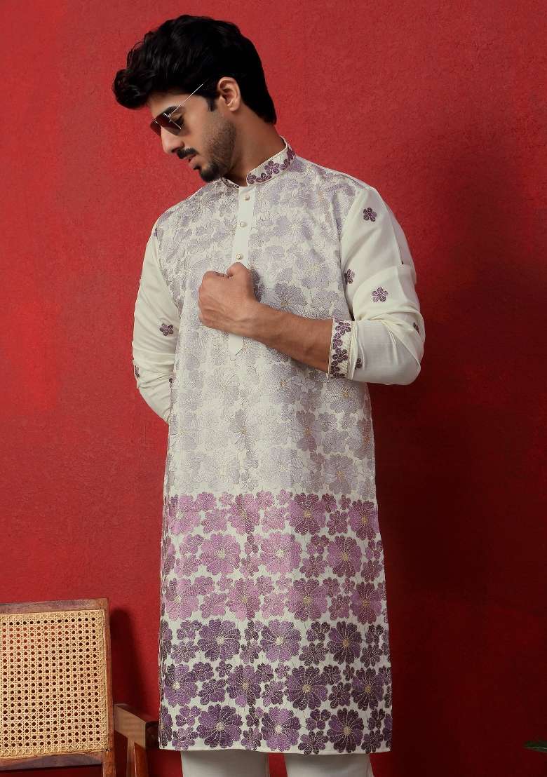 Purple Embroidered Silk Blend Kurta Set For Men - Indya