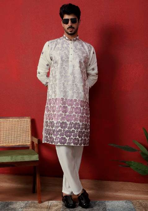 Purple Embroidered Silk Blend Kurta Set For Men