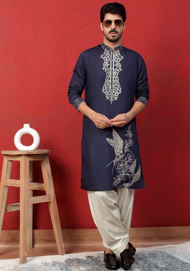 Blue Embroidered Silk Blend Kurta Set For Men - Indya