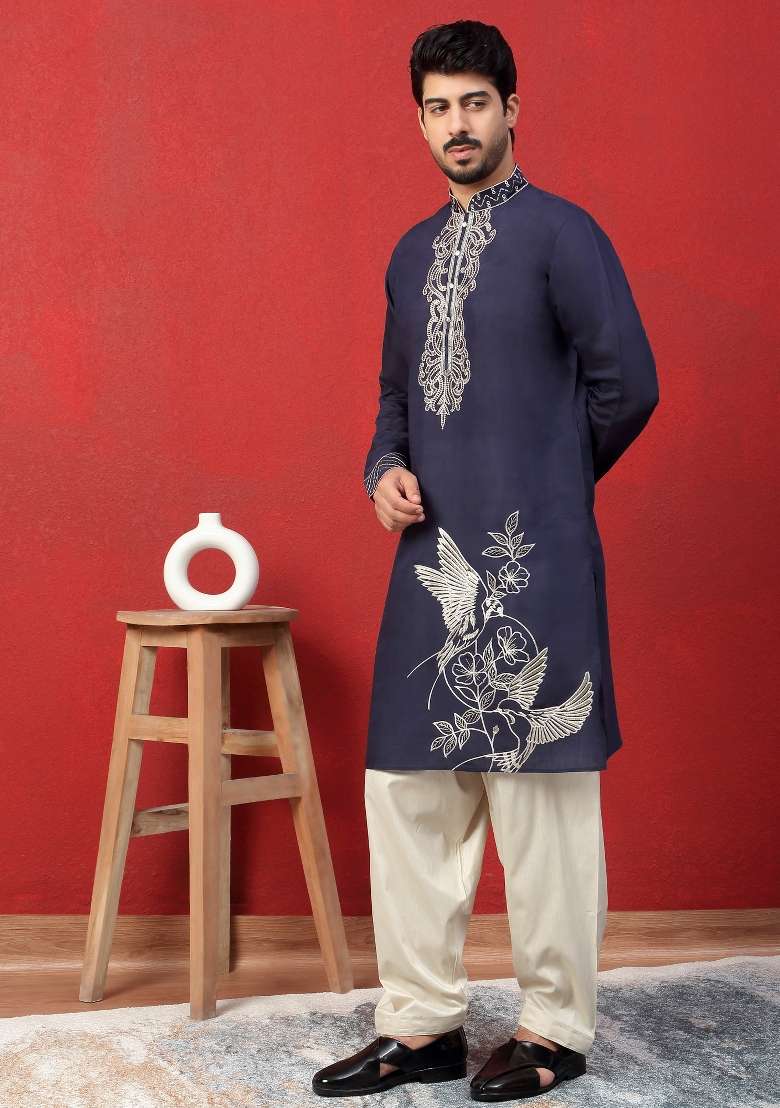 Blue Embroidered Silk Blend Kurta Set For Men - Indya
