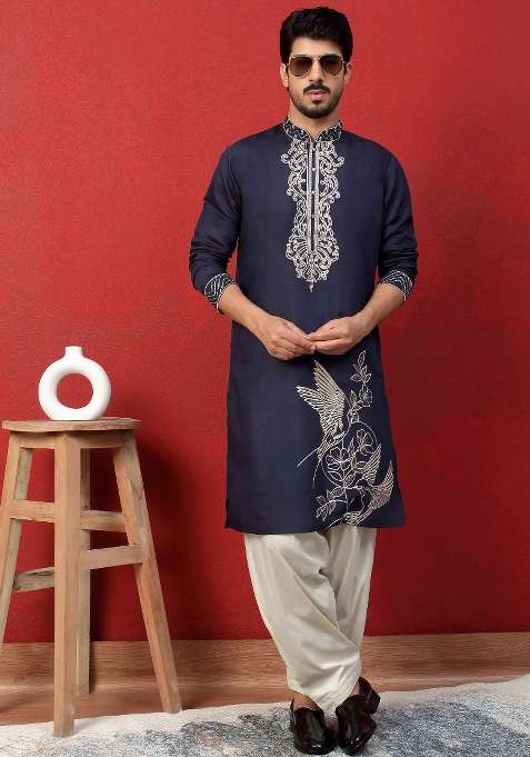 Blue Embroidered Silk Blend Kurta Set For Men