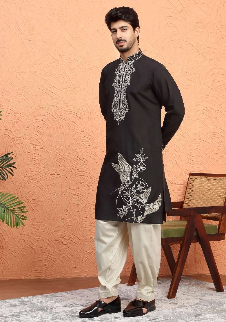 Black Embroidered Silk Blend Kurta Set For Men - Indya