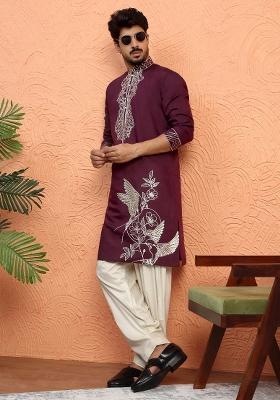 Wine Embroidered Silk Blend Kurta Set For Men