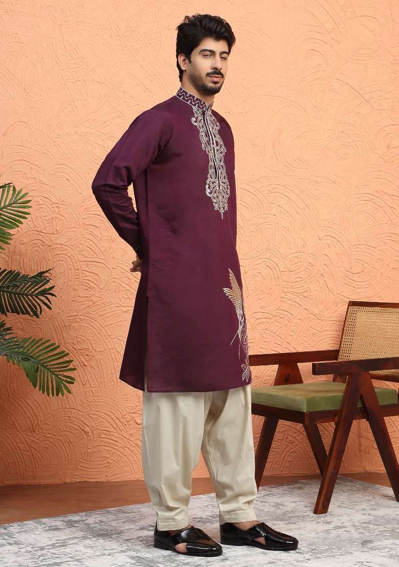 Wine Embroidered Silk Blend Kurta Set For Men - Indya