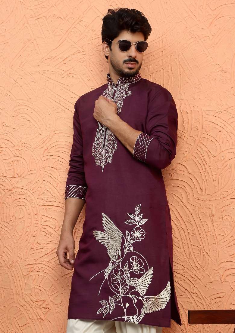 Wine Embroidered Silk Blend Kurta Set For Men - Indya