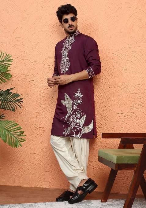 Wine Embroidered Silk Blend Kurta Set For Men