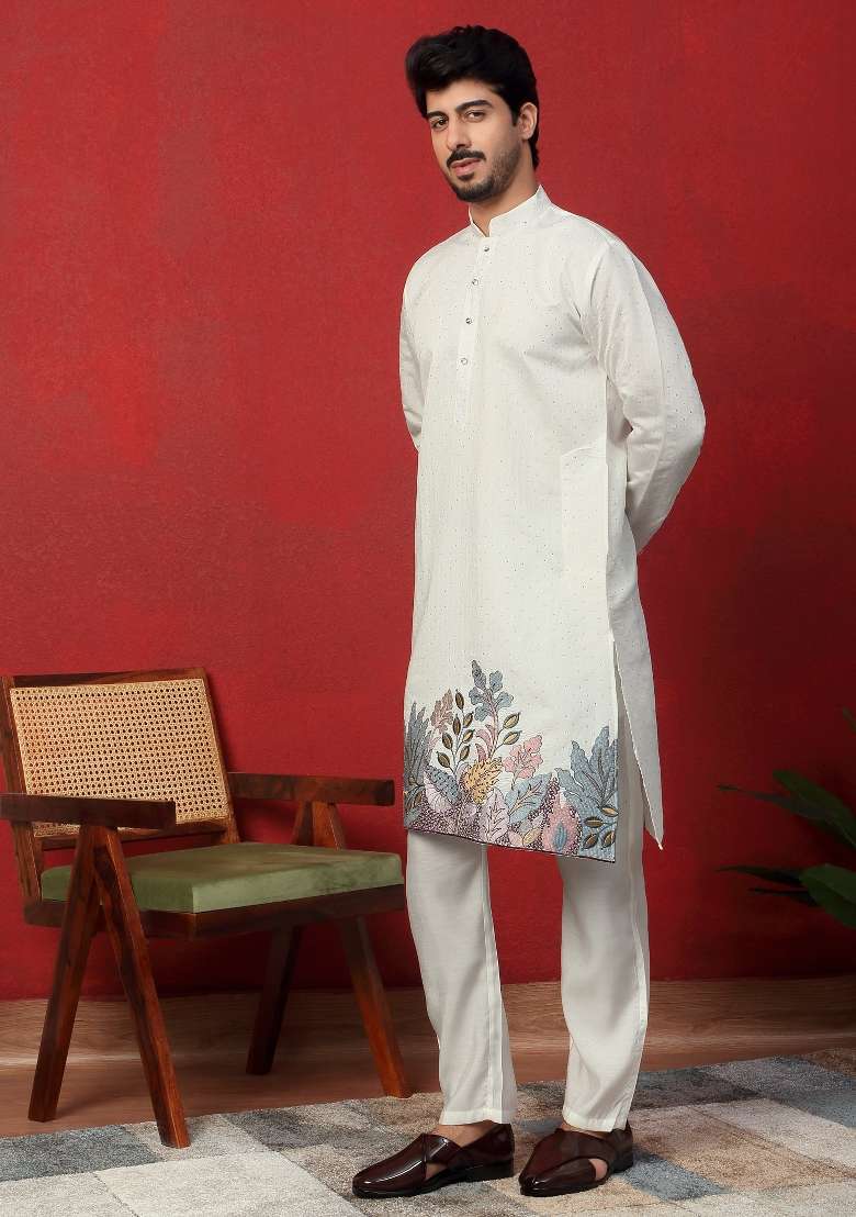 Cream Embroidered Silk Kurta Set For Men - Indya