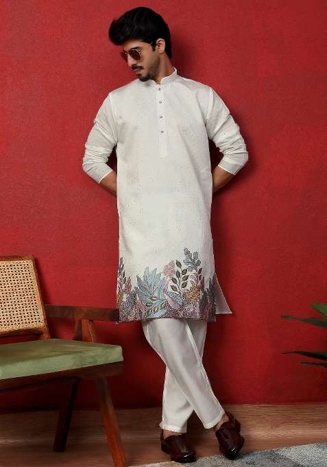 Cream Embroidered Silk Kurta Set For Men