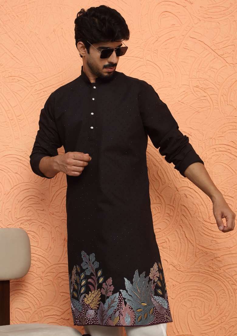 Black Embroidered Silk Kurta Set For Men - Indya