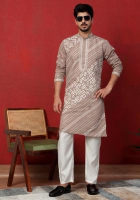 Beige Embroidered Silk Blend Kurta Set For Men