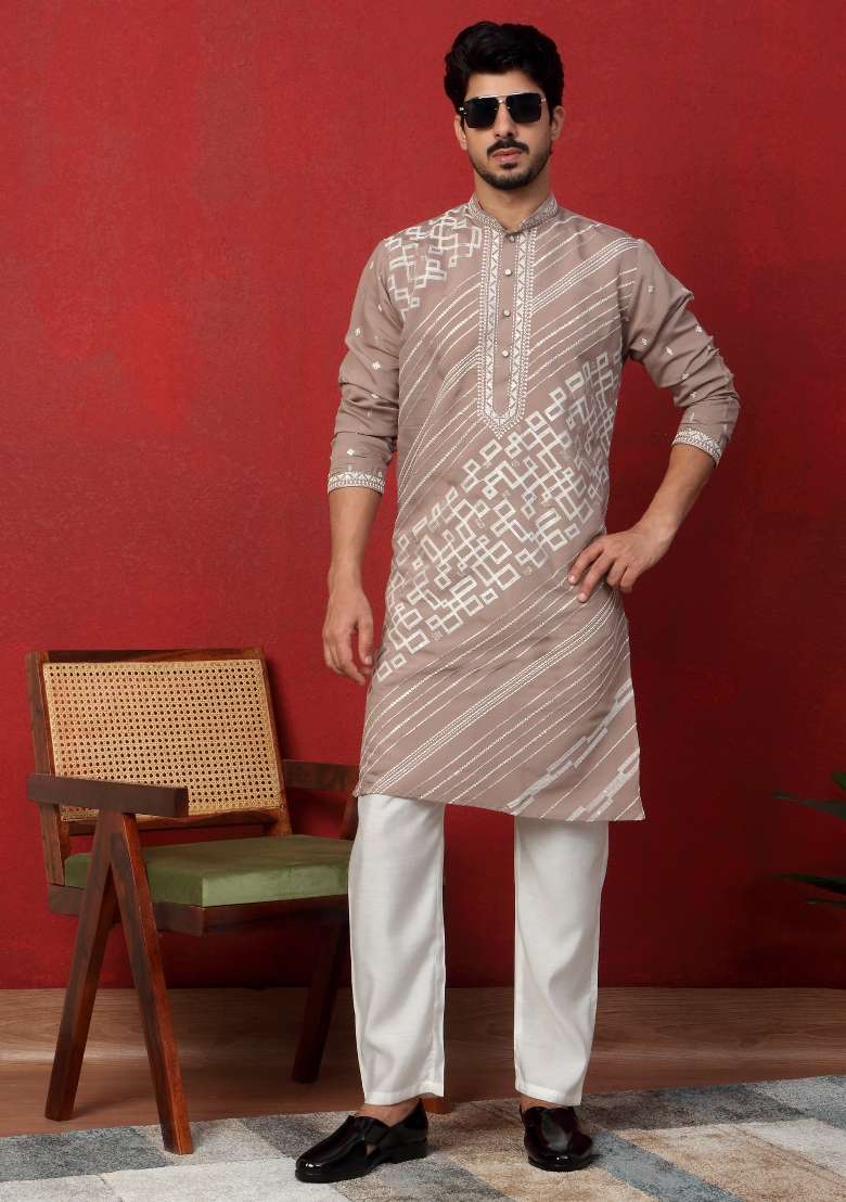 Beige Embroidered Silk Blend Kurta Set For Men - Indya