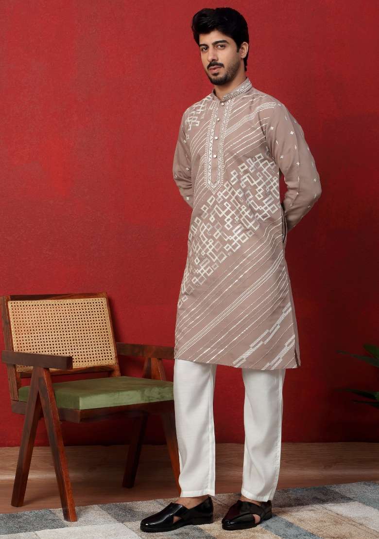 Beige Embroidered Silk Blend Kurta Set For Men - Indya