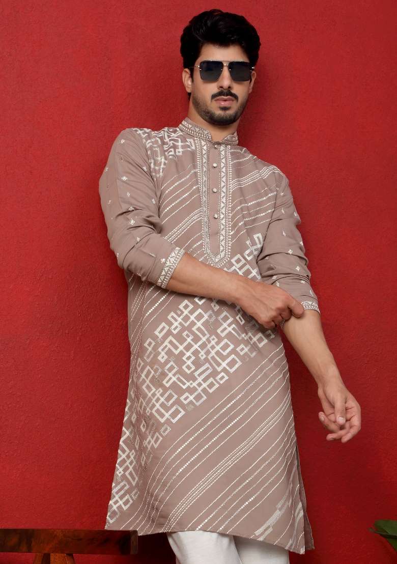 Beige Embroidered Silk Blend Kurta Set For Men - Indya