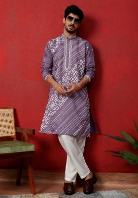 Purple Embroidered Silk Blend Kurta Set For Men