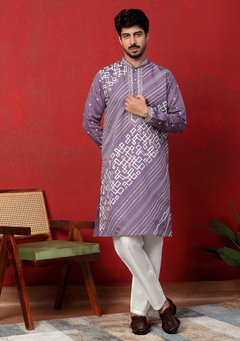 Purple Embroidered Silk Blend Kurta Set For Men - Indya