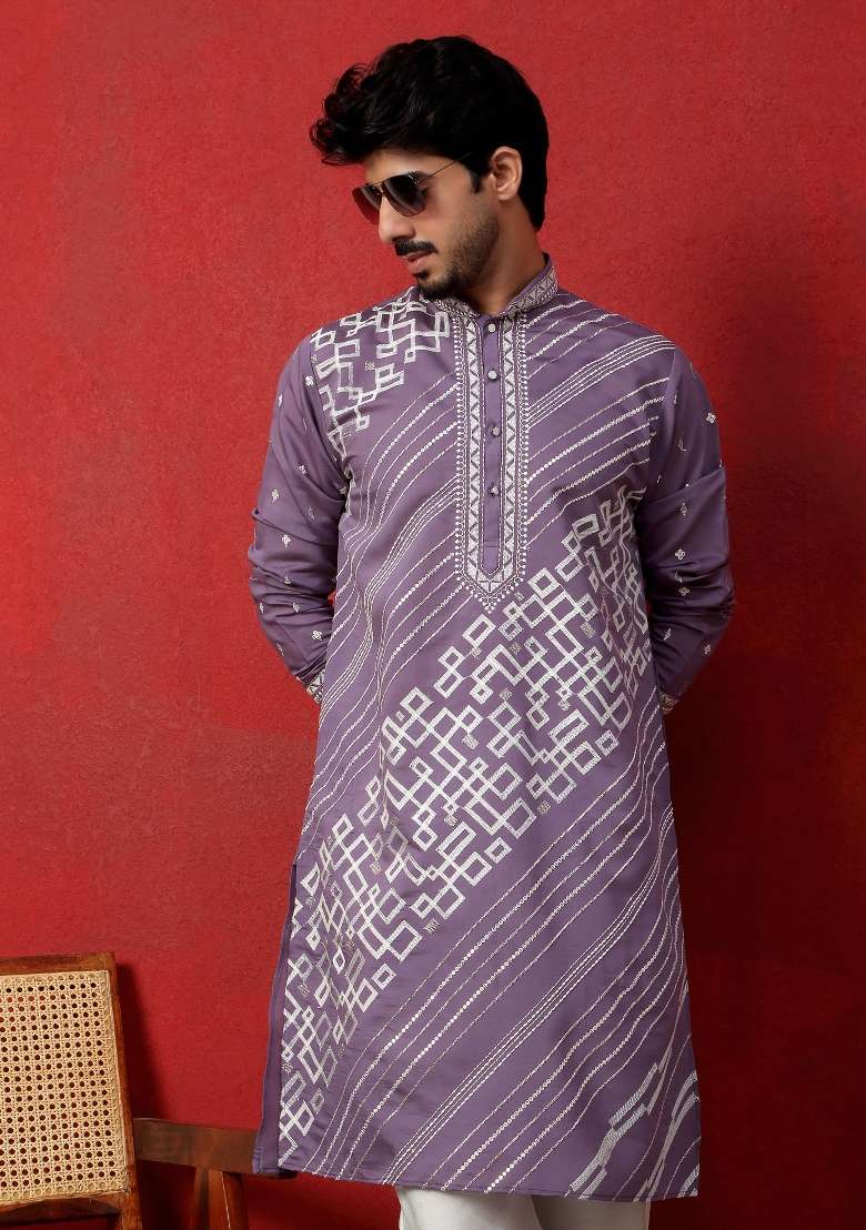 Purple Embroidered Silk Blend Kurta Set For Men - Indya
