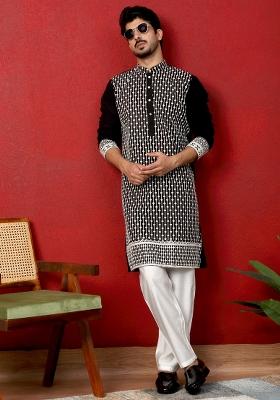 Black Embroidered Georgette Kurta Set For Men