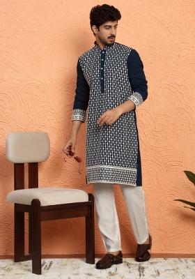 Blue Embroidered Georgette Kurta Set For Men