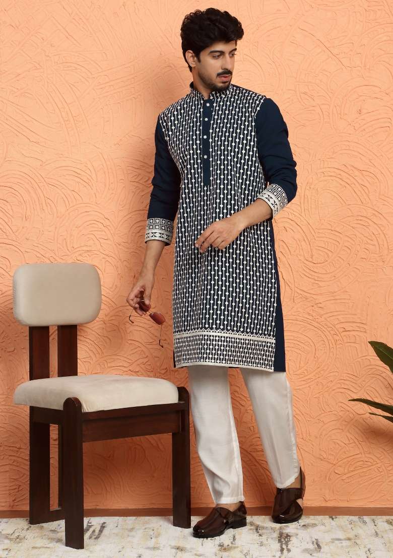 Blue Embroidered Georgette Kurta Set For Men - Indya