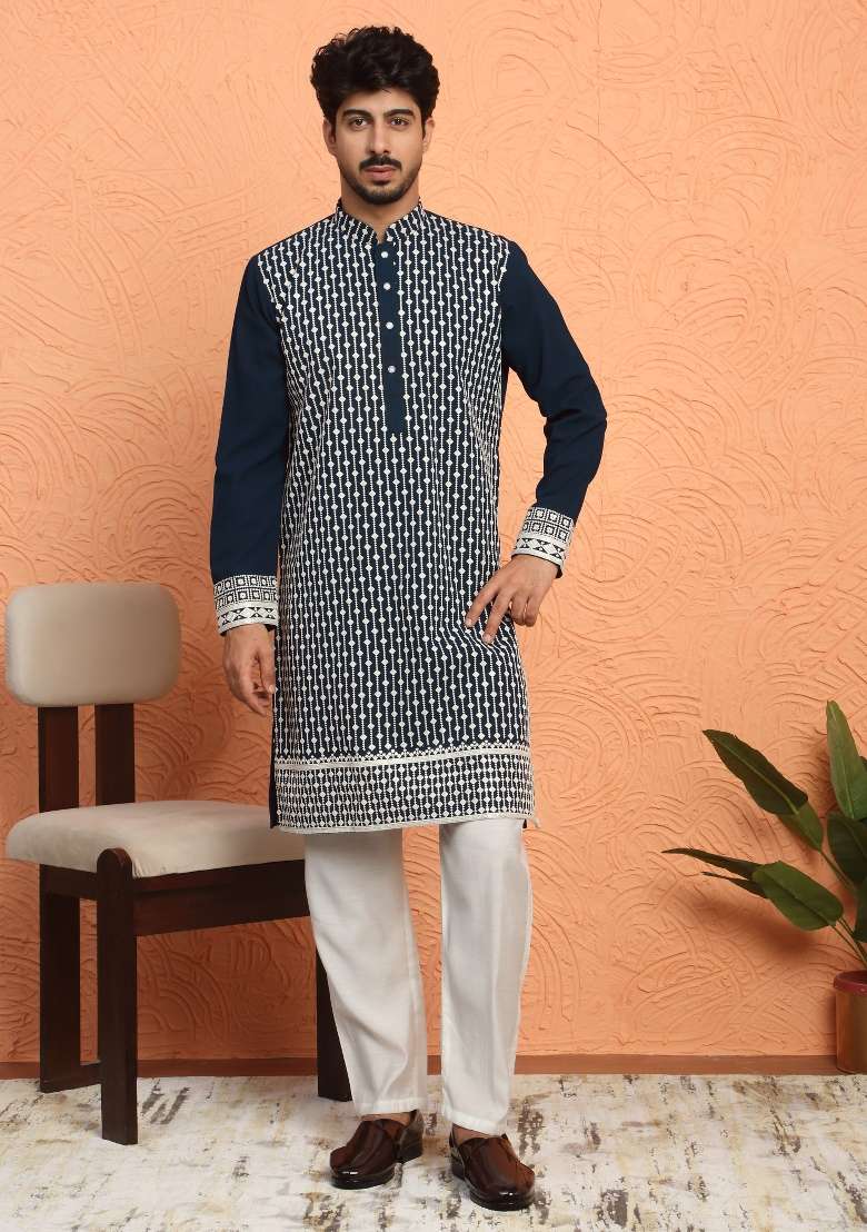 Blue Embroidered Georgette Kurta Set For Men - Indya