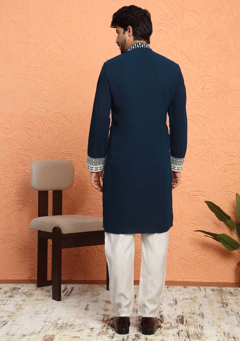 Blue Embroidered Georgette Kurta Set For Men - Indya