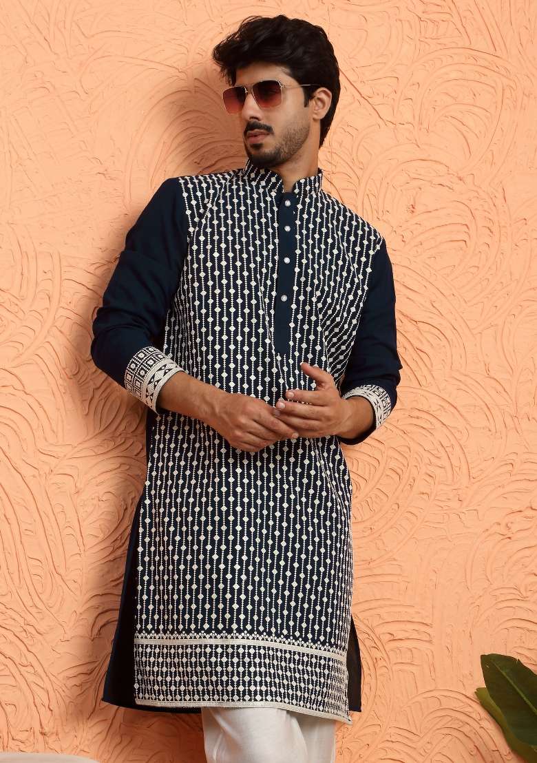 Blue Embroidered Georgette Kurta Set For Men - Indya