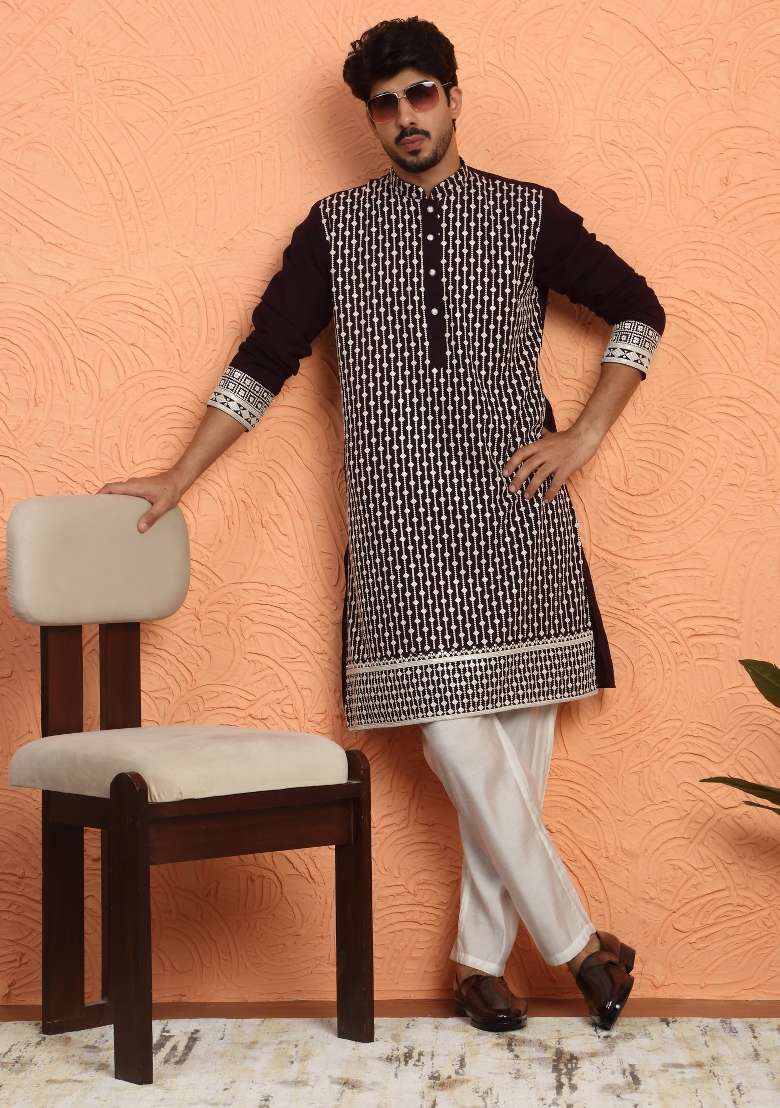 Wine Embroidered Georgette Kurta Set For Men - Indya