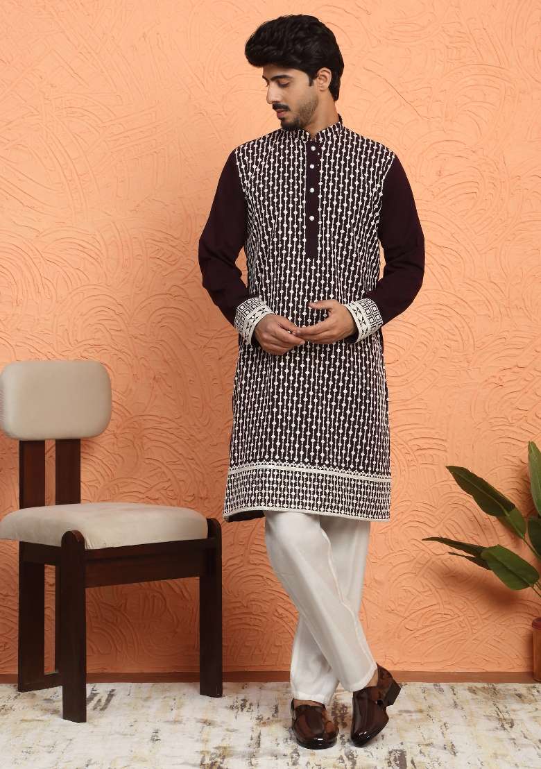 Wine Embroidered Georgette Kurta Set For Men - Indya