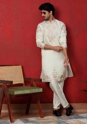 Cream Embroidered Silk Blend Kurta Set For Men