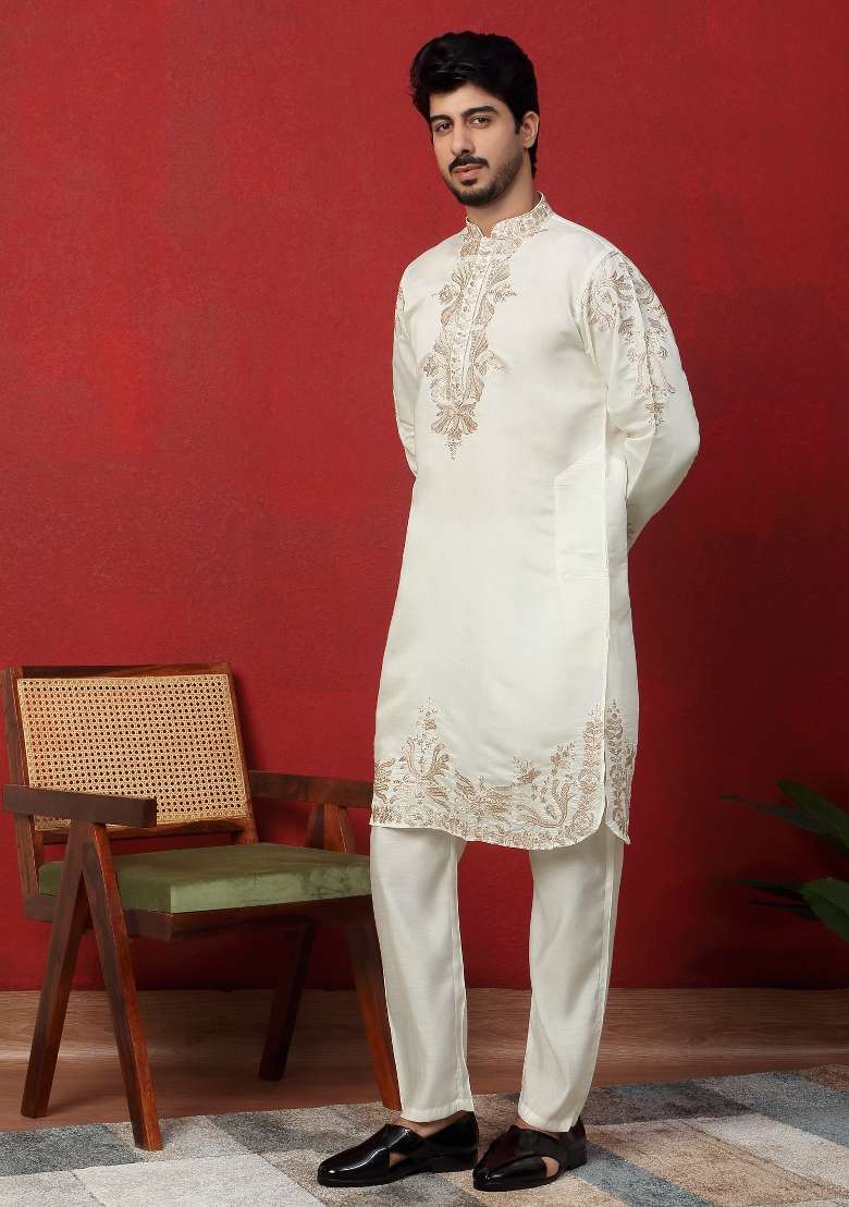 Cream Embroidered Silk Blend Kurta Set For Men - Indya