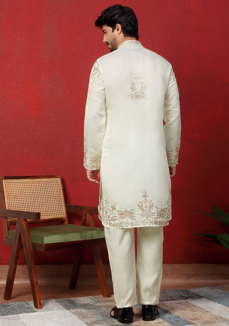 Cream Embroidered Silk Blend Kurta Set For Men - Indya