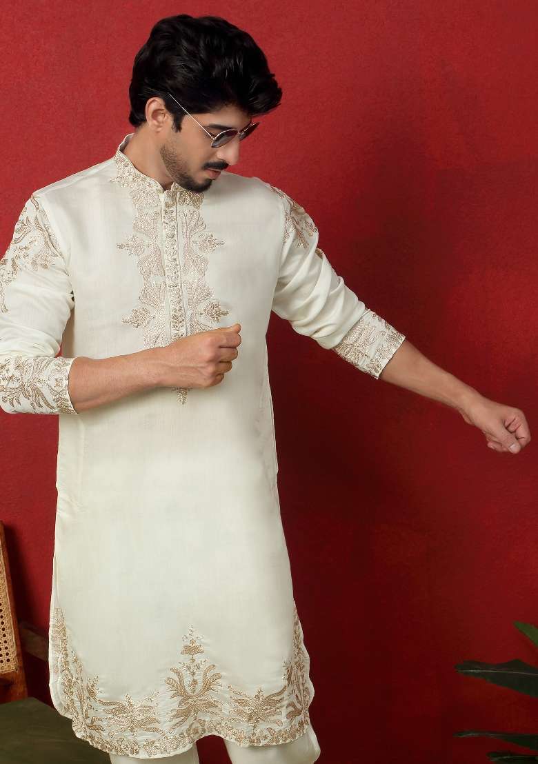 Cream Embroidered Silk Blend Kurta Set For Men - Indya
