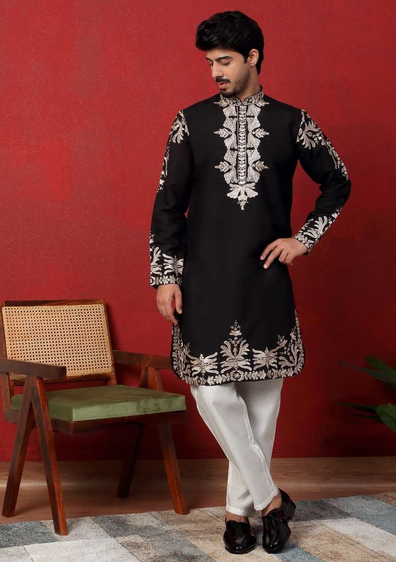 Black Embroidered Silk Blend Kurta Set For Men - Indya