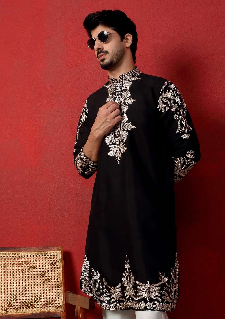 Black Embroidered Silk Blend Kurta Set For Men - Indya