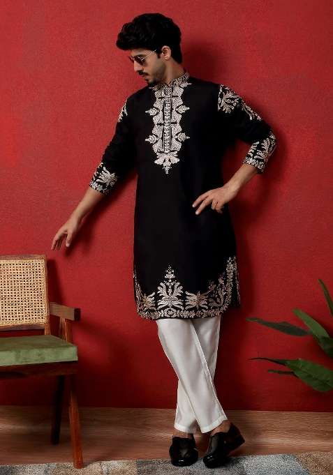 Black Embroidered Silk Blend Kurta Set For Men