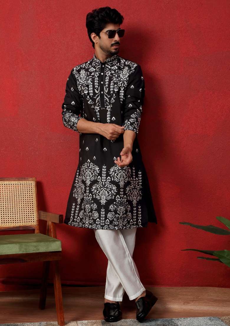 Black Embroidered Silk Blend Kurta Set For Men - Indya