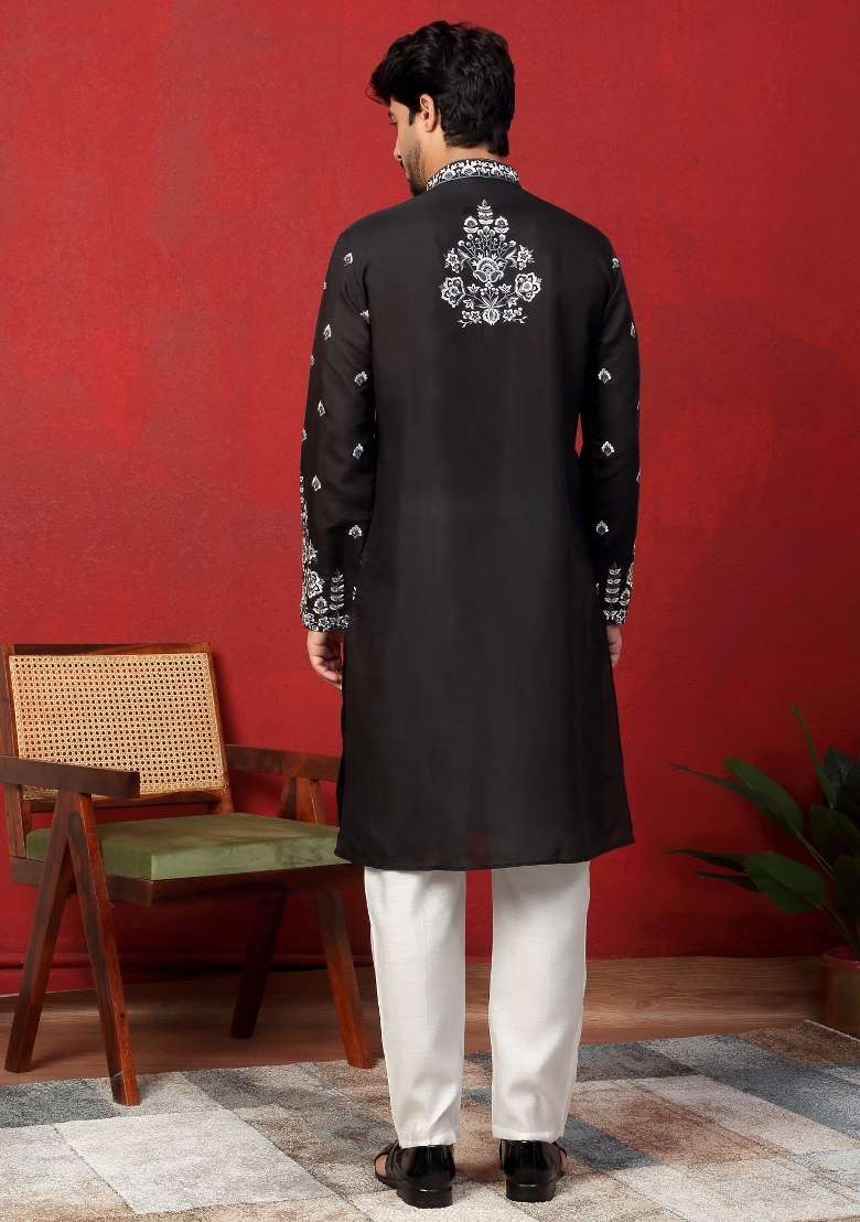 Black Embroidered Silk Blend Kurta Set For Men - Indya