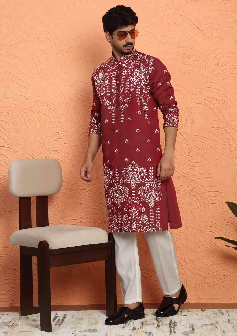 Maroon Embroidered Silk Blend Kurta Set For Men - Indya